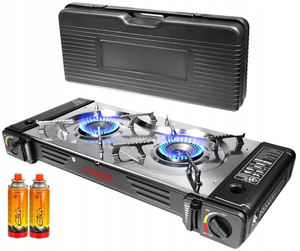Plynový turistický vařič Stilhoff 2 nerezové hořáky 2 kartuše