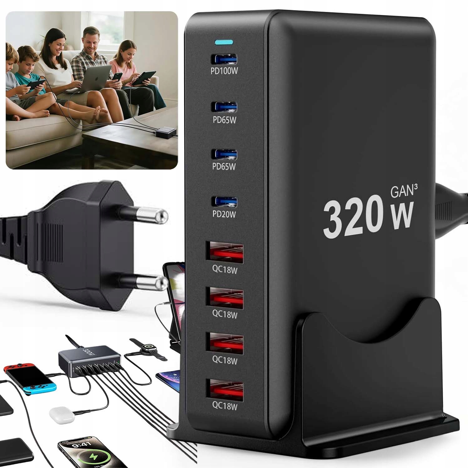 Stacja Ładująca Wieloportowa Ładowarka 4XPD+4XQC 320W Szybkie Ładowanie