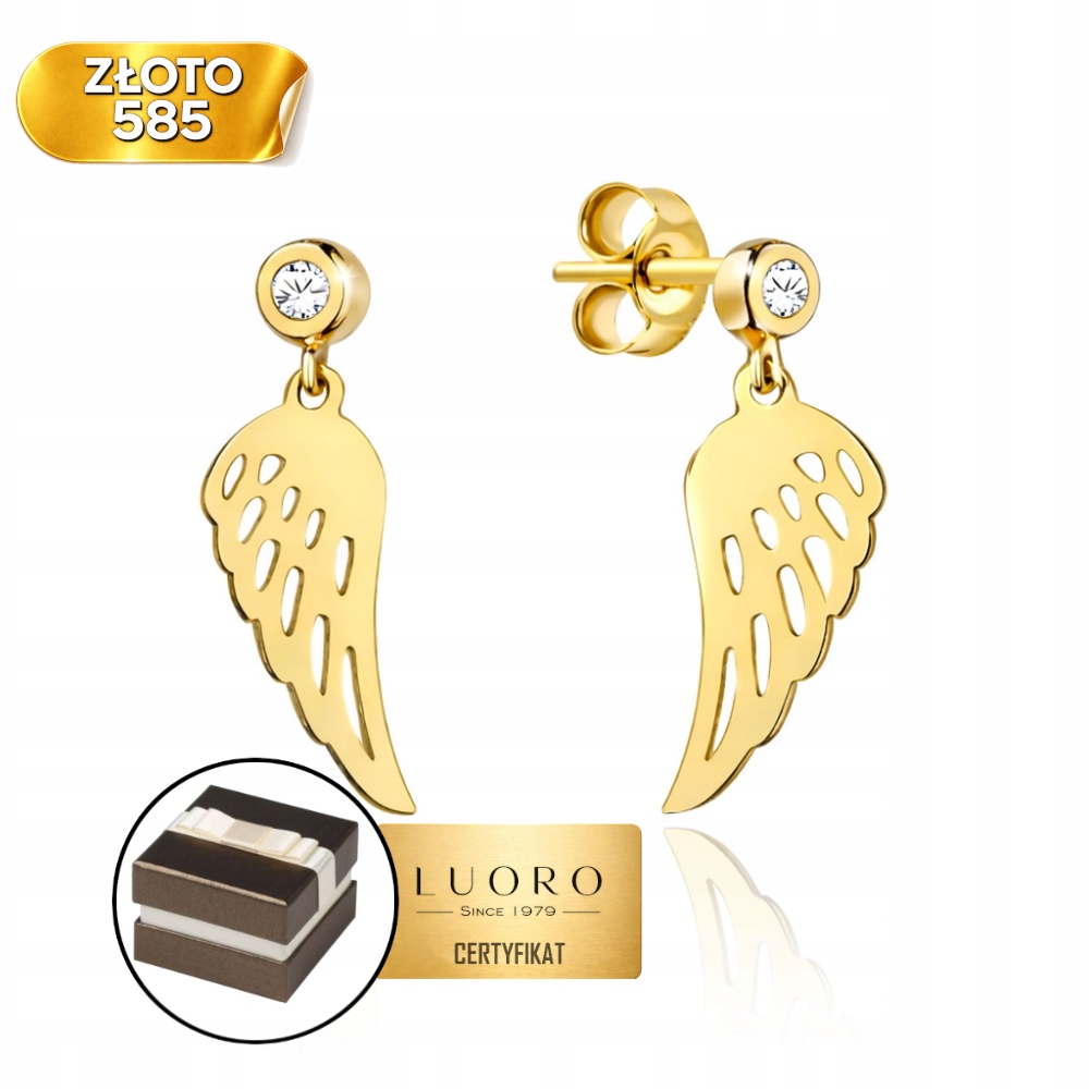 Náušnice Zlaté 585 14K Andělská Křídla Se Zirkonem Závěsné 20 MM Tyčinka