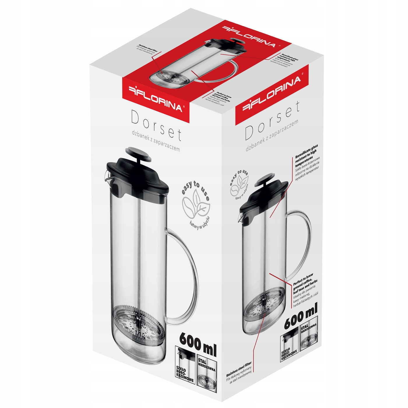Zaparzacz szklany Florina Dorset 600 ml Kolor czarny przezroczysty