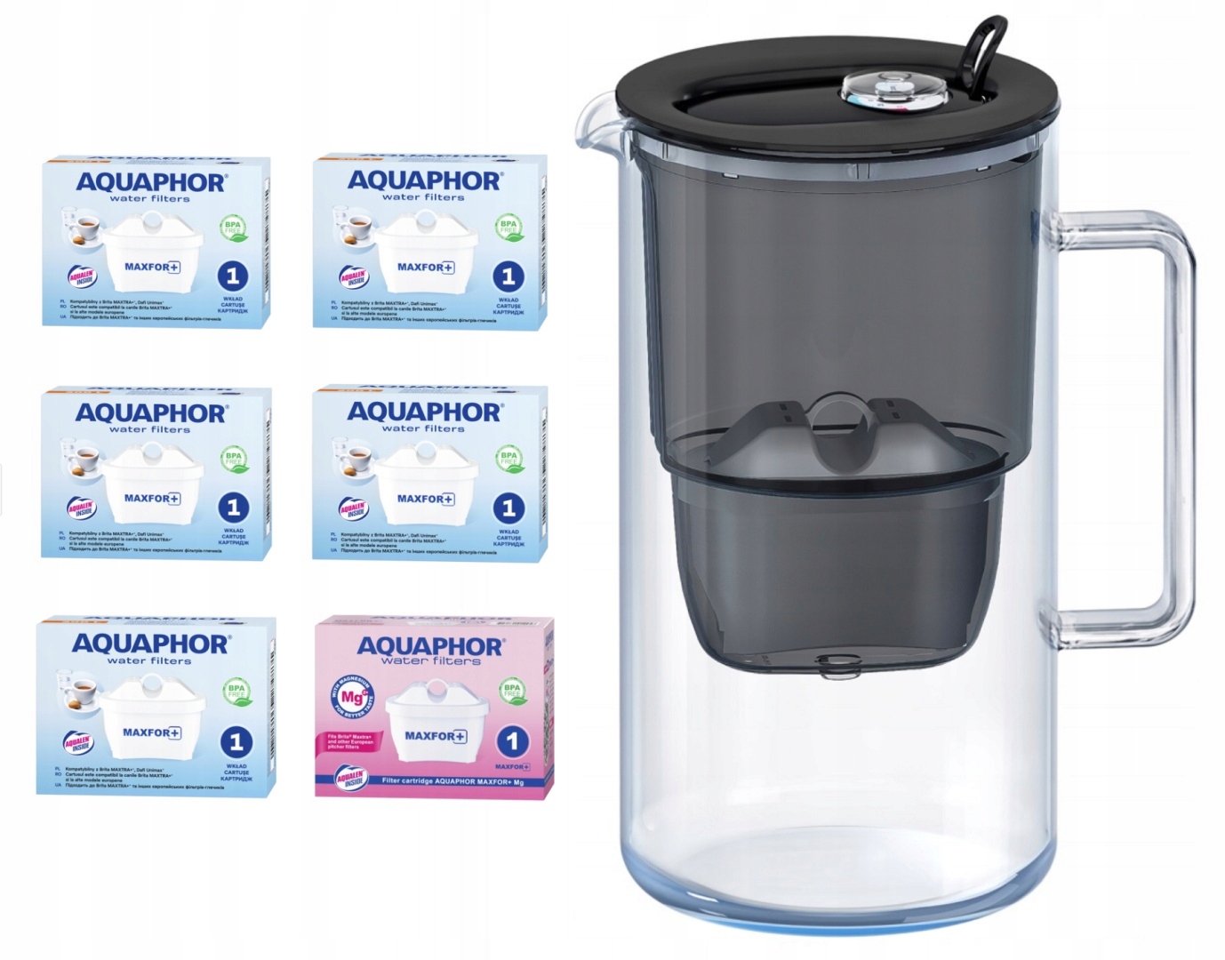 Szklany Dzbanek filtrujący wodę Aquaphor Glass Czarny +6 filtrów MIX
