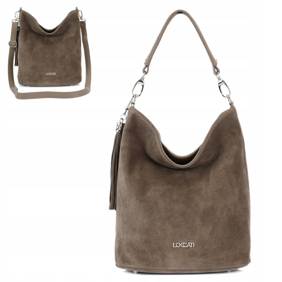 

Modna torebka zamszowa taupe worek listonoszka 2w1