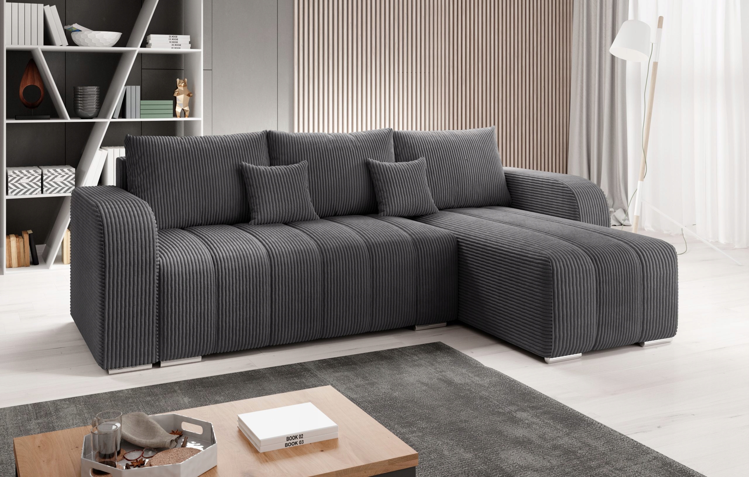 Moderní rohová sedací souprava s funkcí spaní Pufetto v módním grafitovém provedení.