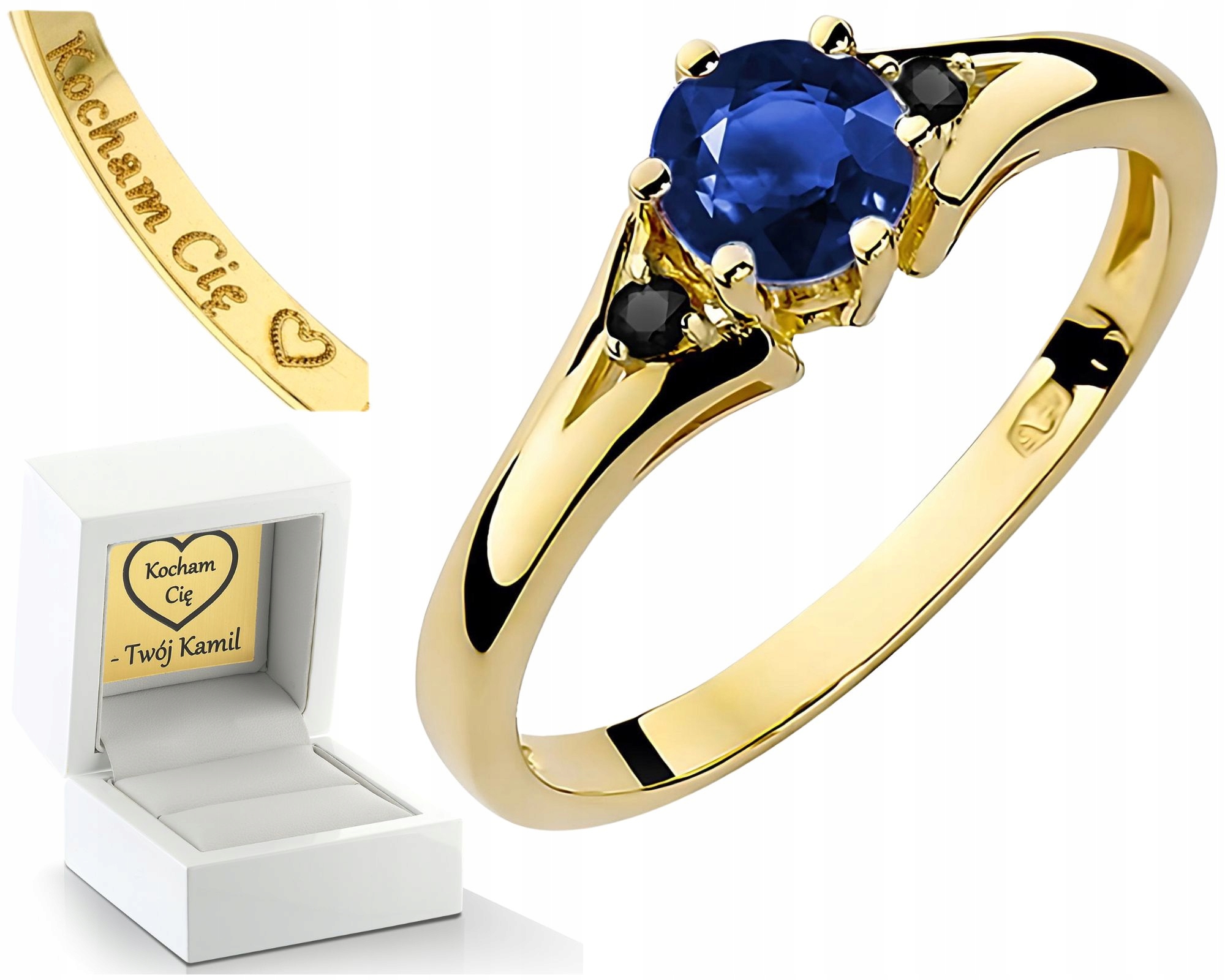 Prstýnek Se Safírem A Černými Diamanty, Gravírování Dárek Zlata 585