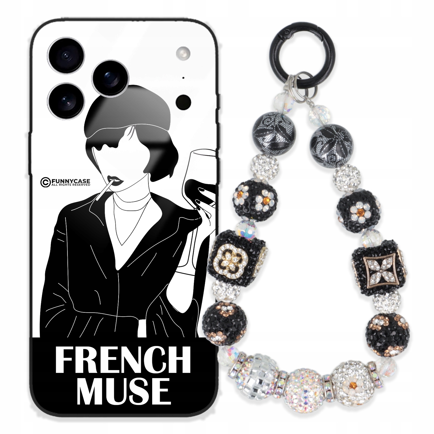 Puzdro Na Iphone 17 Pro Max Glass Art Čiernobiela Kľúčenka, Strieborné Zirkóny