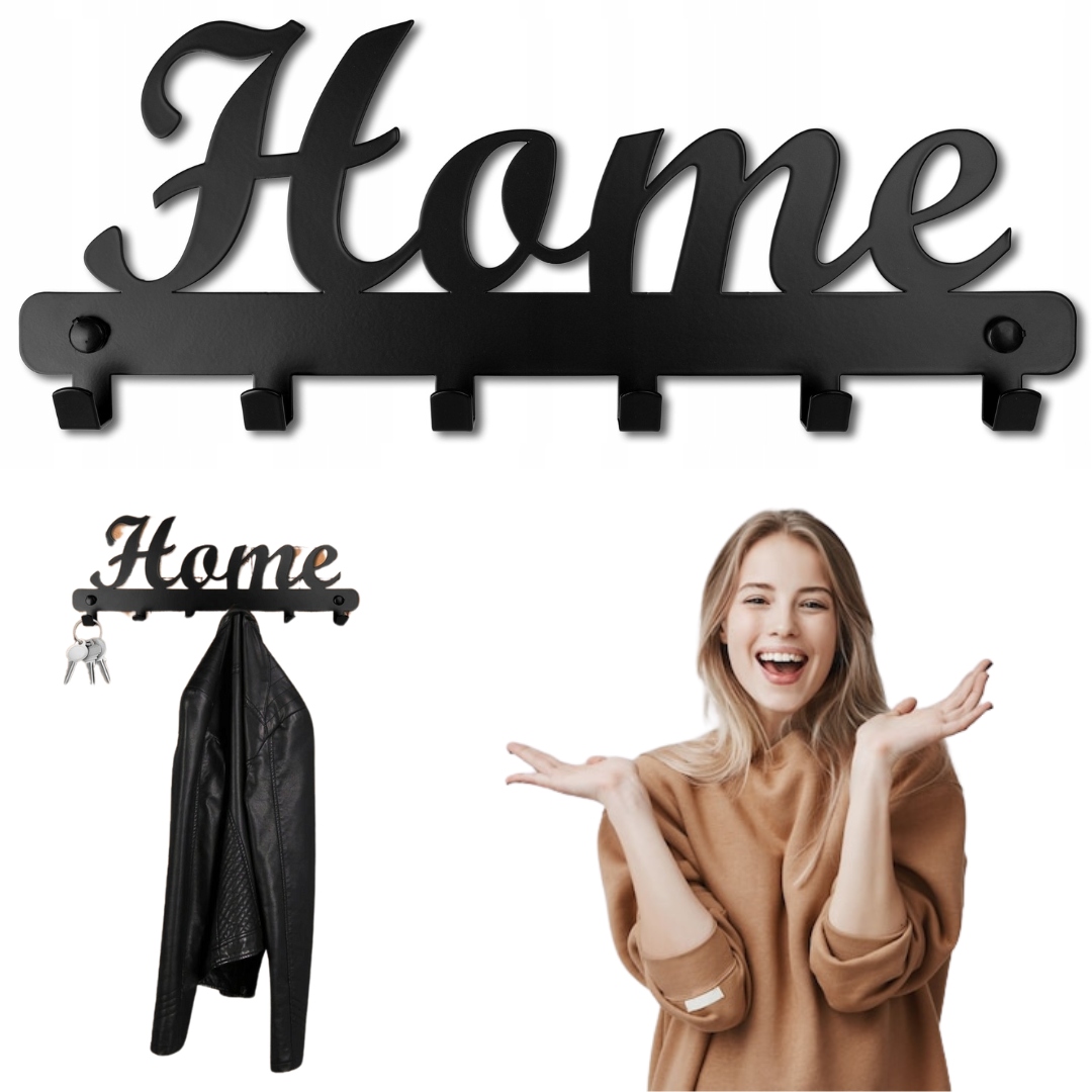 ELEGANCKI Wieszak ścienny wiszący metal z napisem HOME czarny