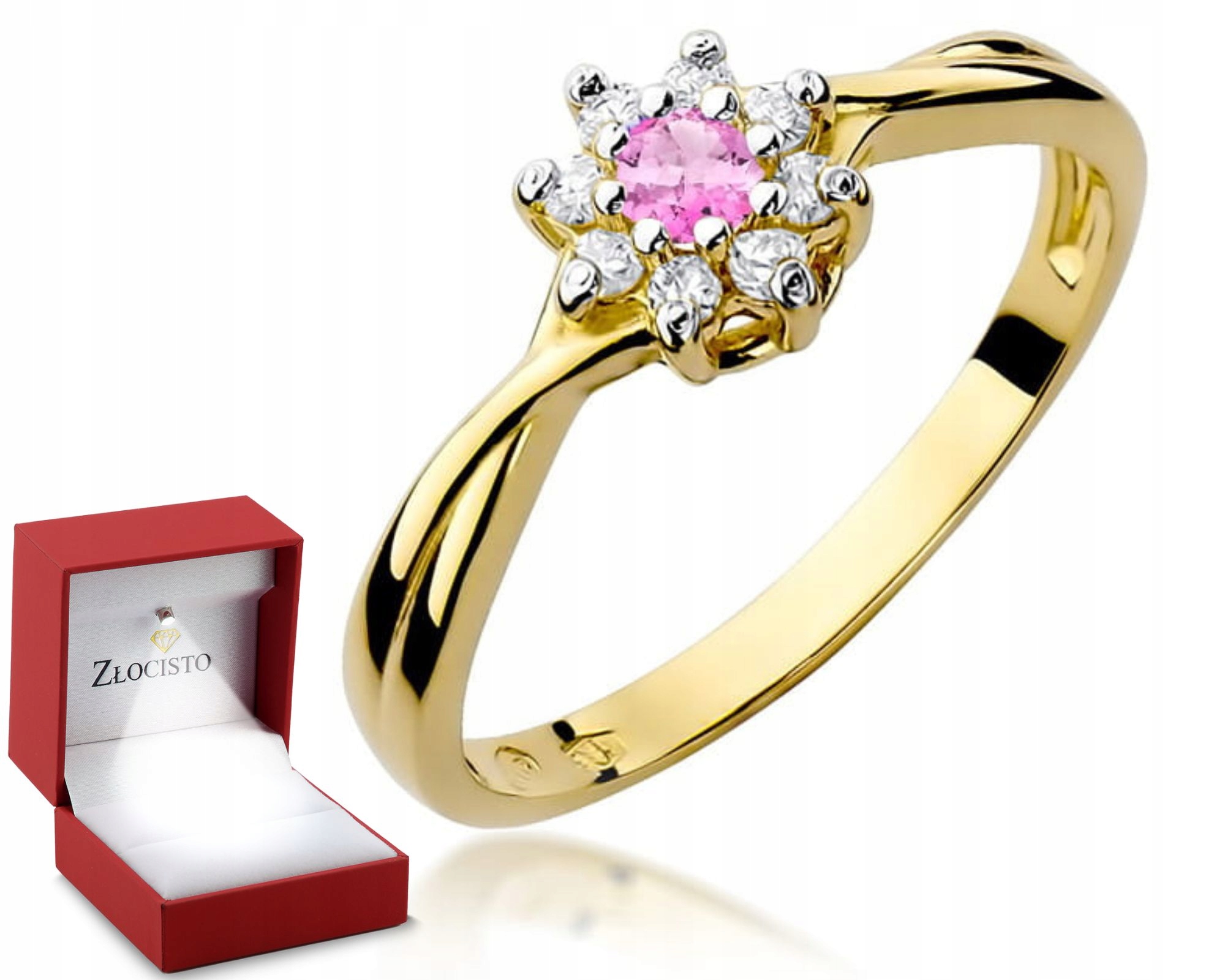Zlatý Prstýnek Růžový Topaz Žluté Zlato Diamanty Gravírování 585 Dárek