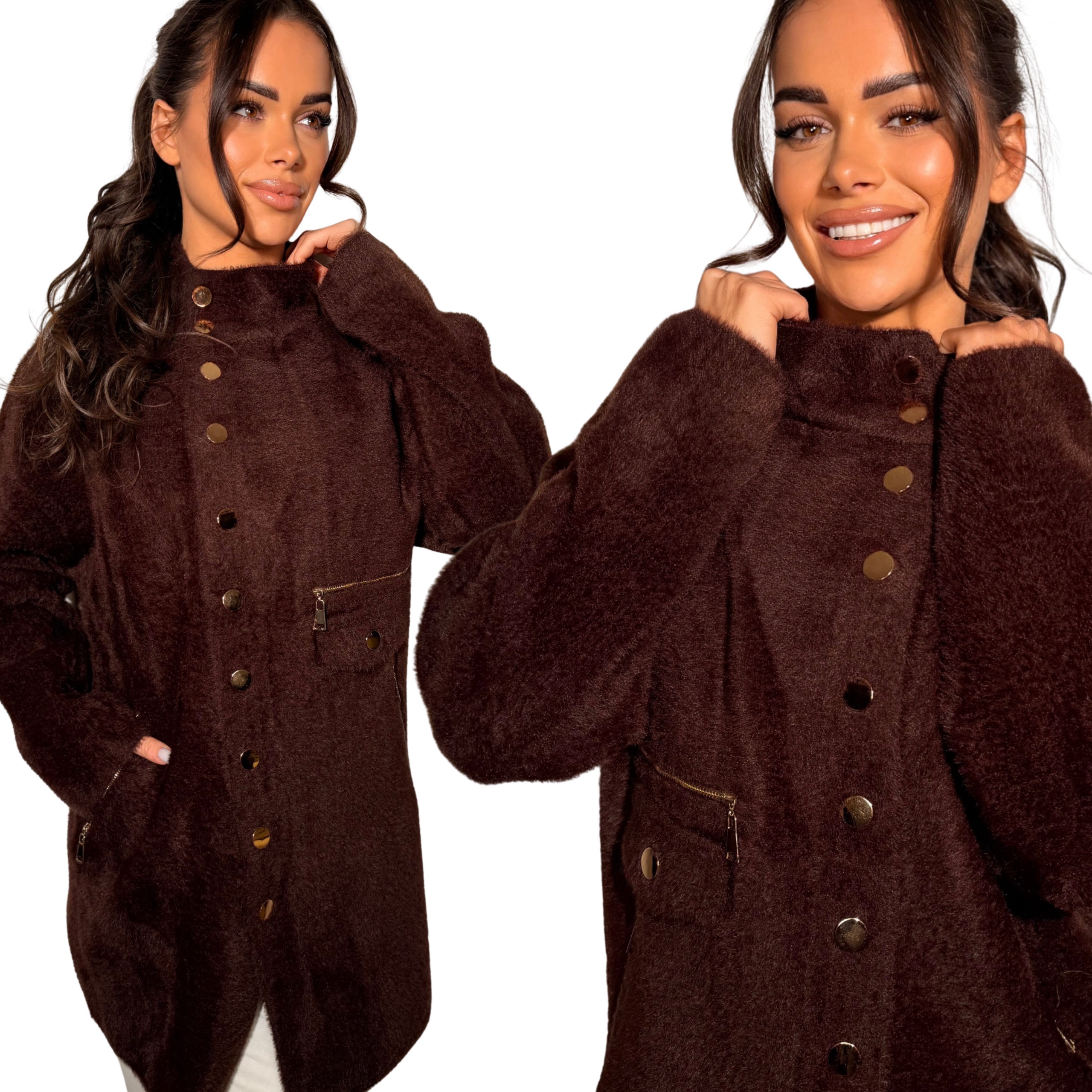 Alpaka Damska Kurtka Sweter Kardigan Jakość Premium Brąz 3185