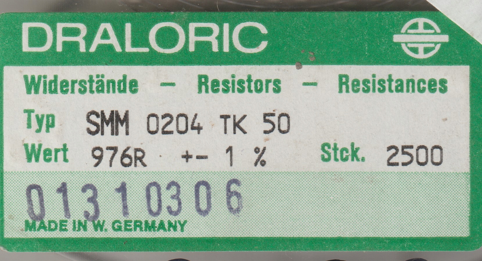 [100szt] 976R 1% 50ppm rezystor Smd minimelf SMM0204 Draloric low noise