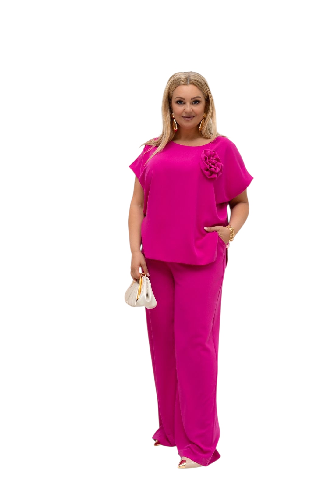 N202 Elegantní komplet, halenka s kalhotami, plus size, velikost 42, fuchsiová barva