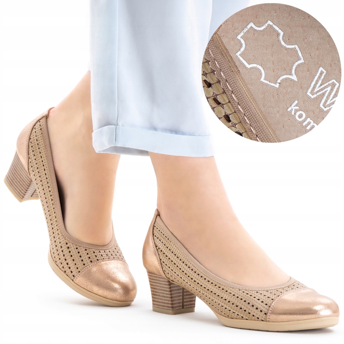 Lodičky na sloupku v.KŮŽE stabilní lehké Ažurové pěkné béžové Wojtyłko 39