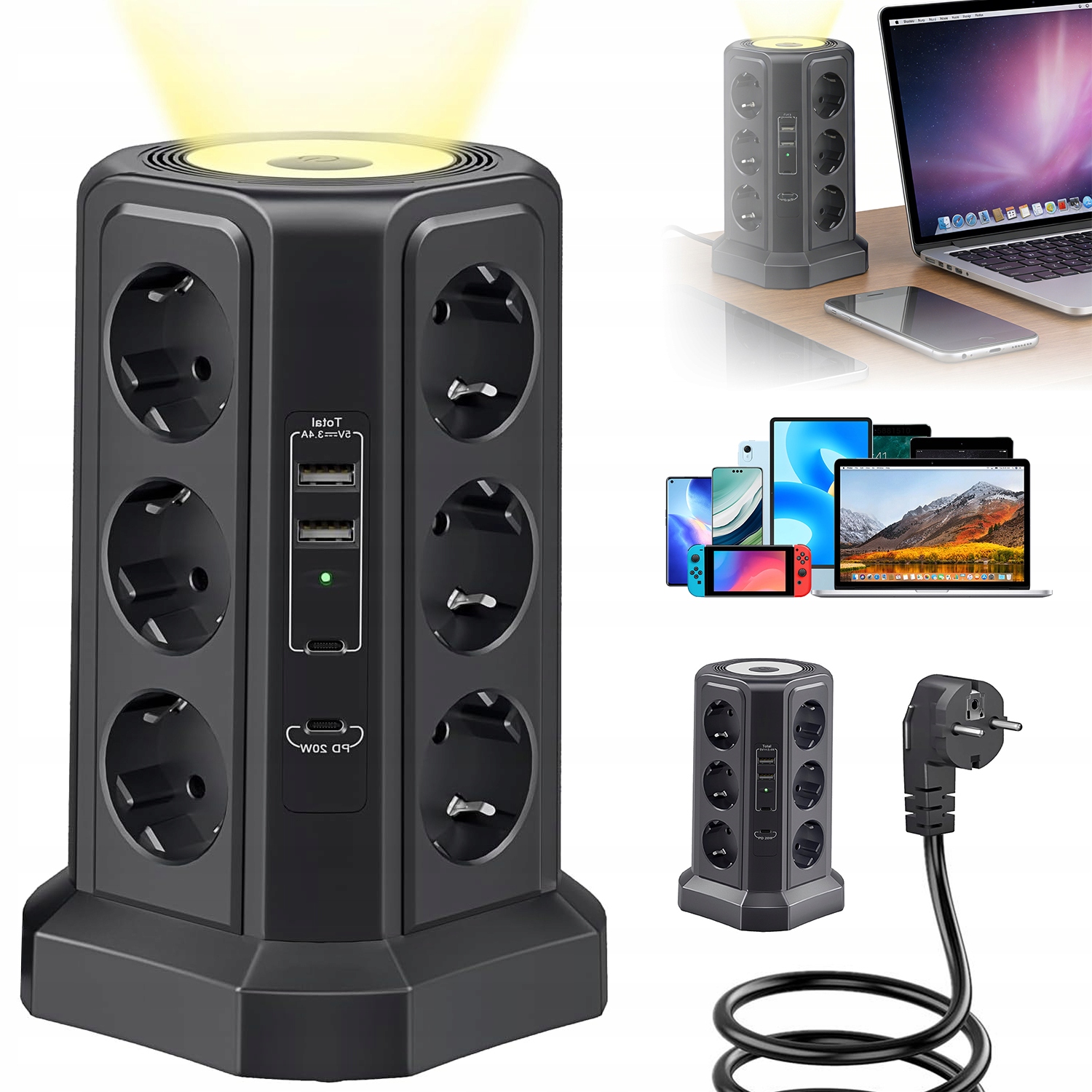 Vertikální Zásuvka Zásuvková Lišta 12 Zásuvek 4 Usb Noční Světlo 2M Pro Domácnost