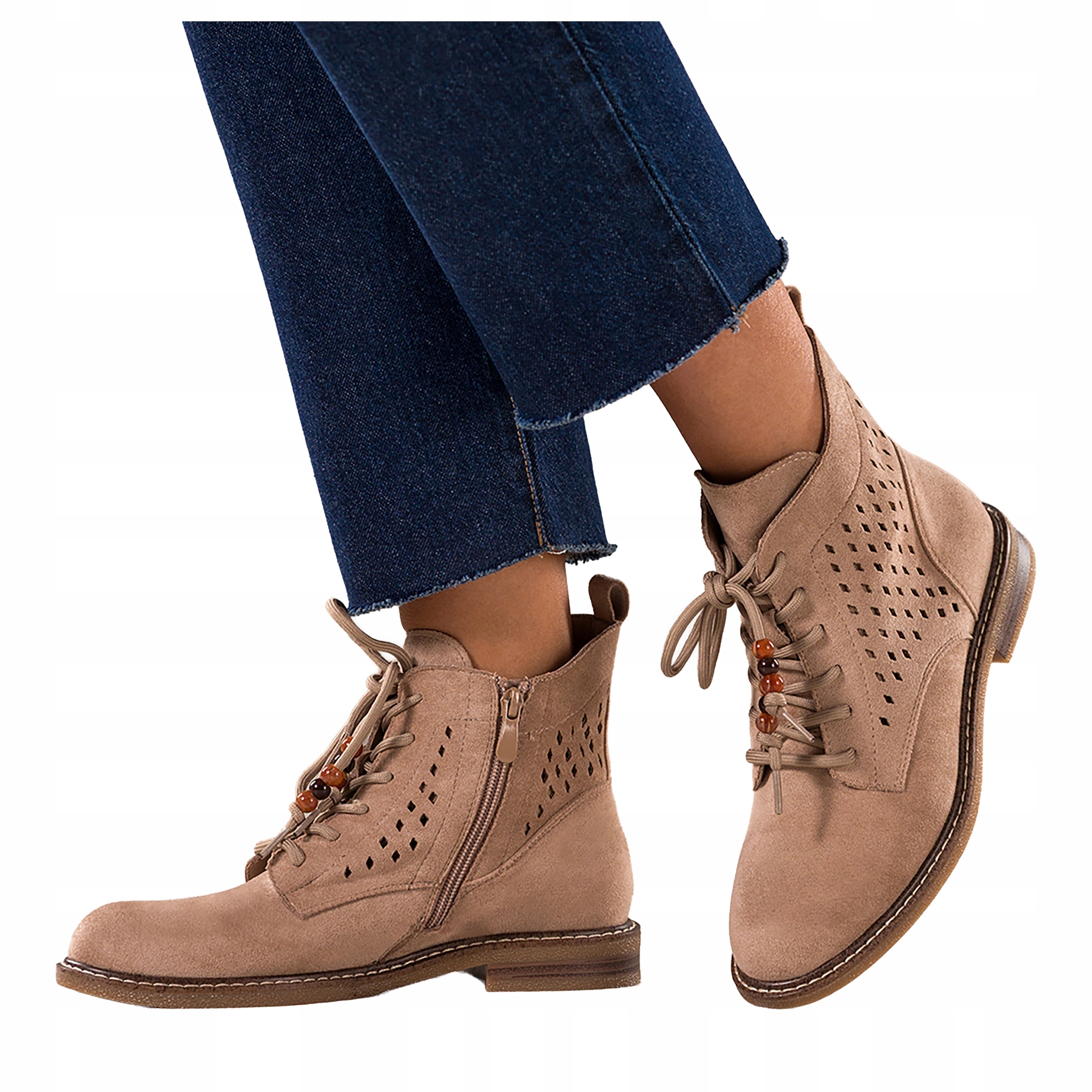 Kotníkové Boty Béžové Dámské Ploché Ažurové Šněrovací Ozdobné Korálky Módní velikost 37