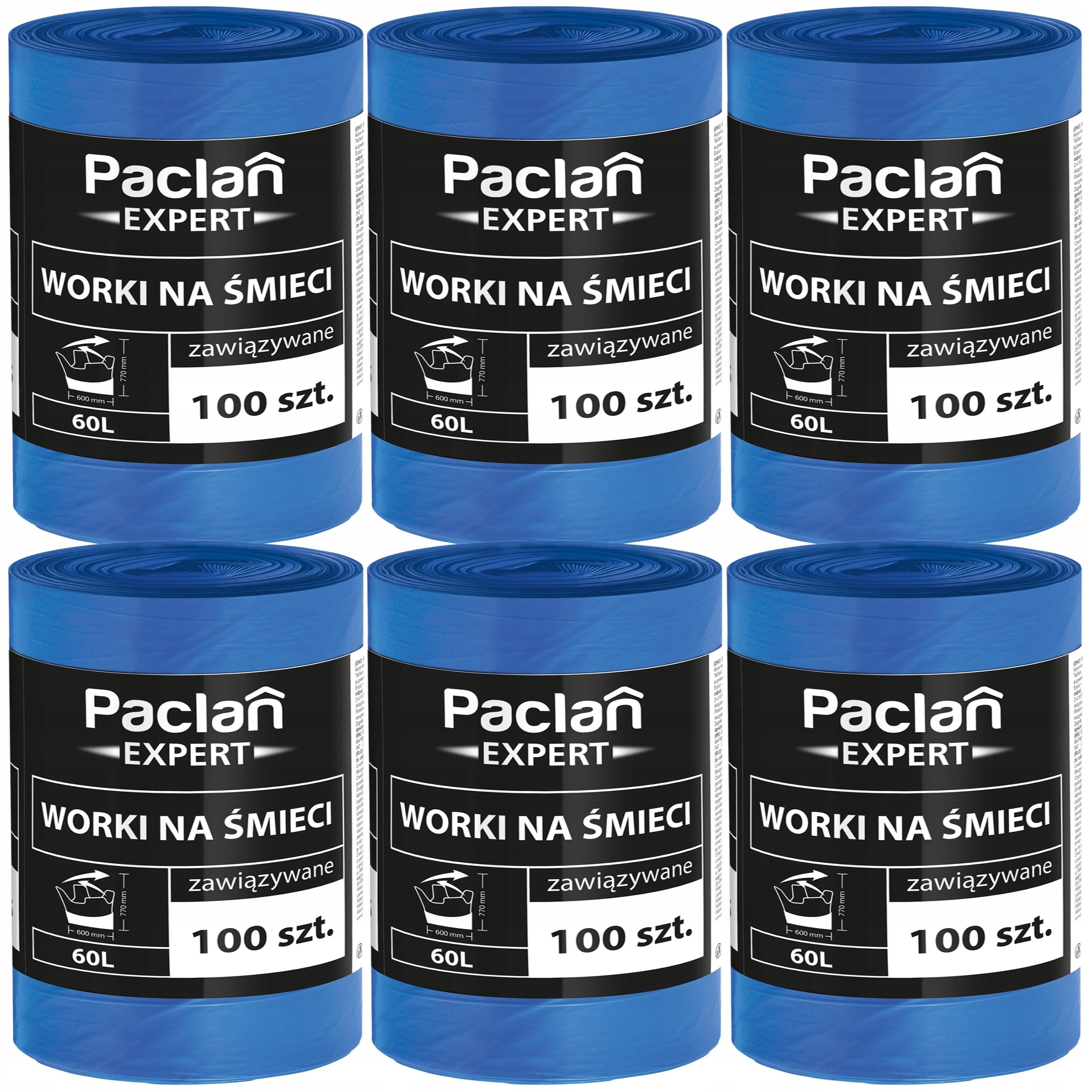 Paclan Expert worki na śmieci zawiązywane 60L 600 sztuk 6 rolek x 100 szt