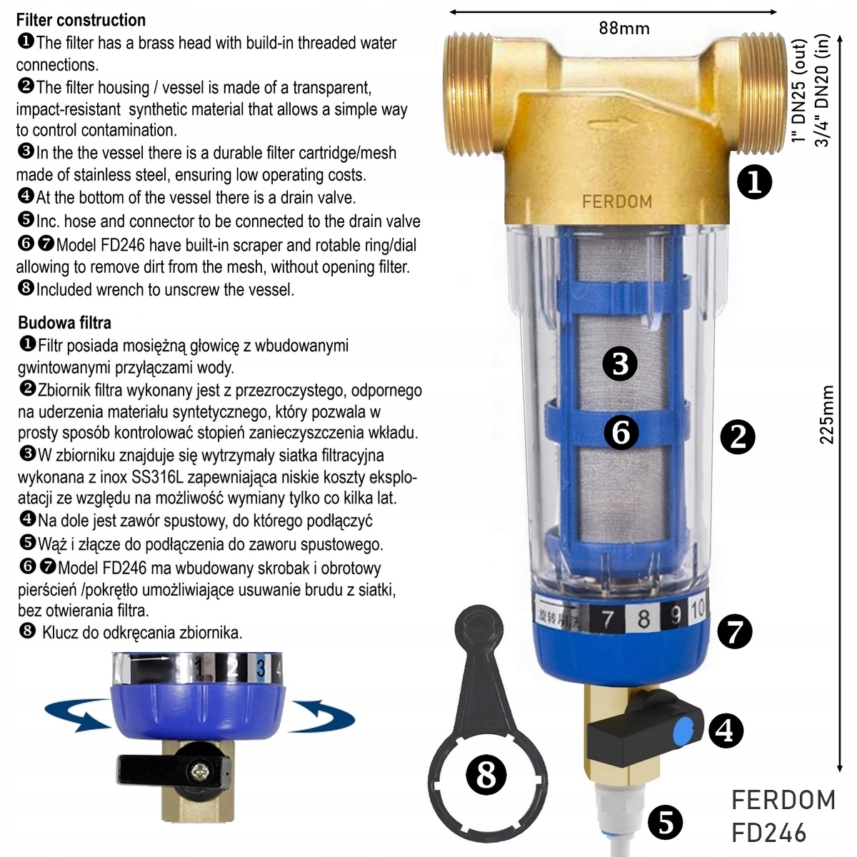 FD246 Filtr wstępny do wody 3/4-1cal, 40-60m inox, skrobak samoczyszczący Marka FERDOM