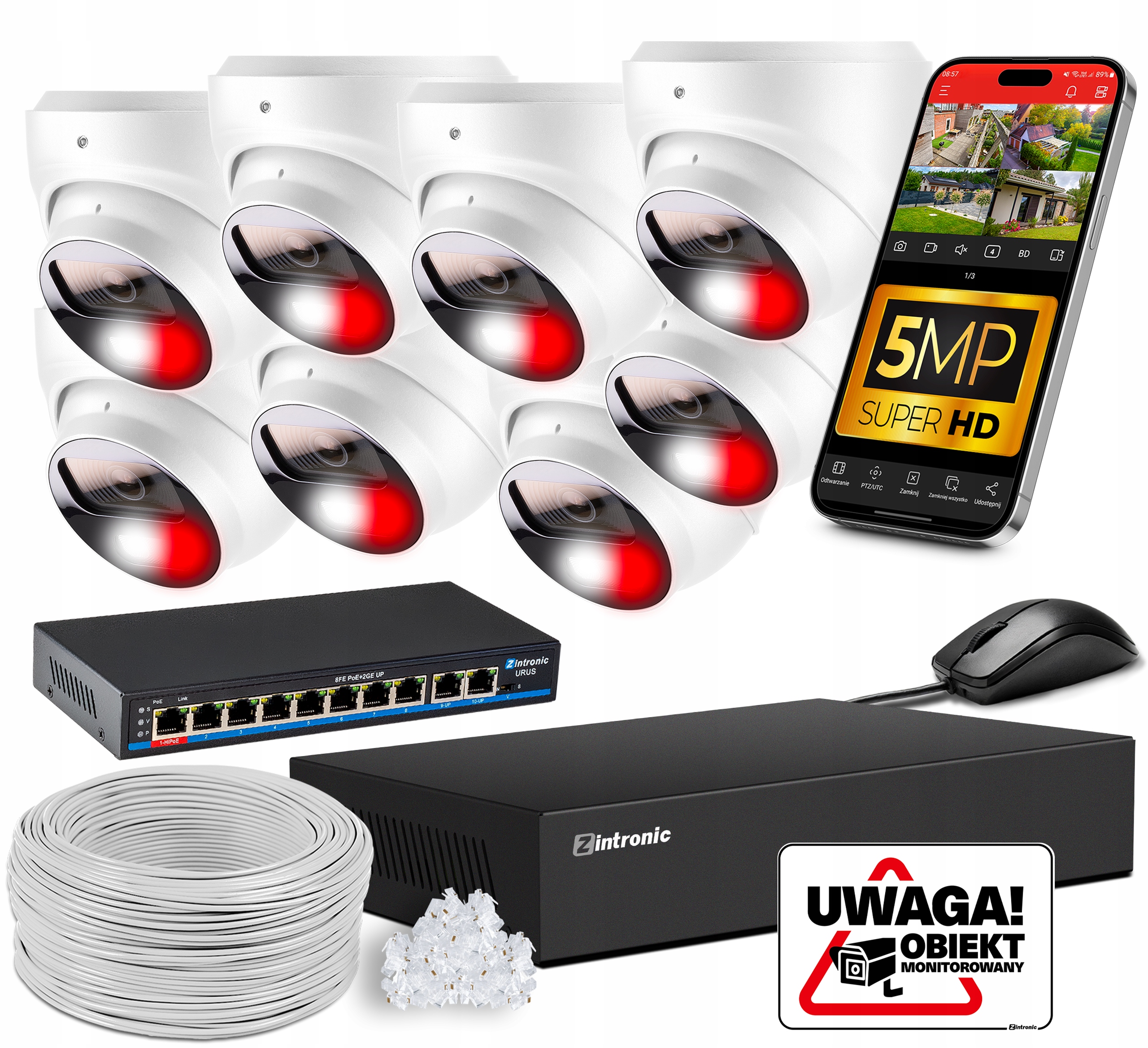 Sada pro Monitorování Ip PoE 8 Kamer 5MPx Bílá Bez Disku Detekce Switch