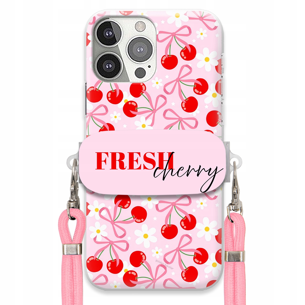 Pouzdro pro iPhone 13 Pro Case Držák Šňůrka Růžová Fresh Cherry Kokardy