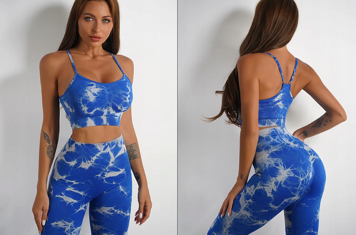 LEGGINSY PUSH UP SPORTOWE NIEBIESKIE DAMSKIE KOMPLET Stanik i Leginsy Top M Kolor dominujący niebieski