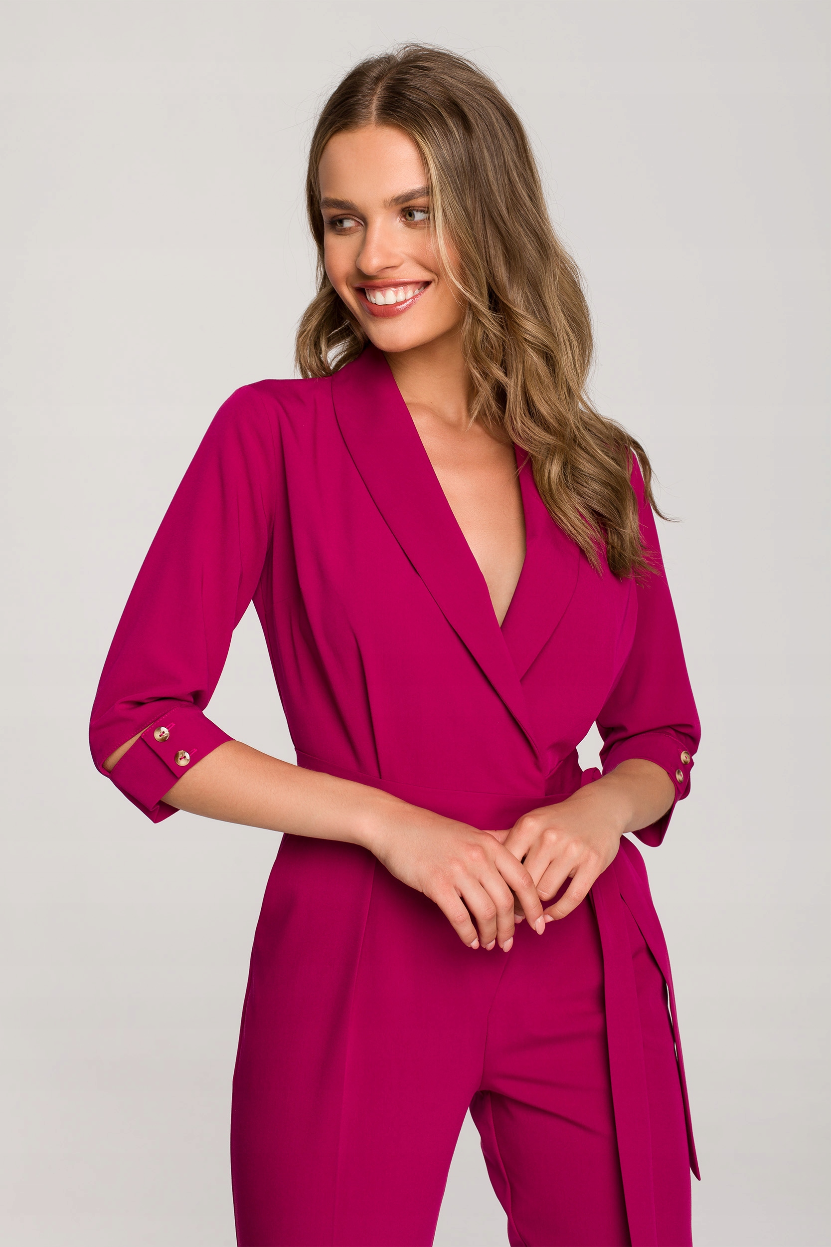 KOMBINEZON DAMSKI ELEGANCKI KOBIECY Z KOŁNIERZEM SZALOWYM ŚLIWKOWY 44 XXL Rozmiar 2XL (44)