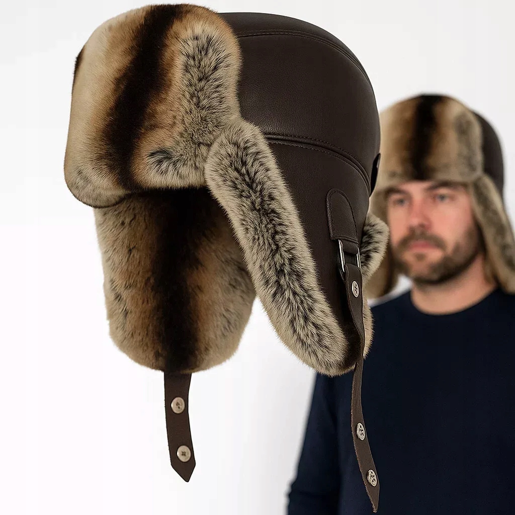 Pánská zimní pilotka W519A, hnědá kůže a přírodní kožešina Polar Fashion