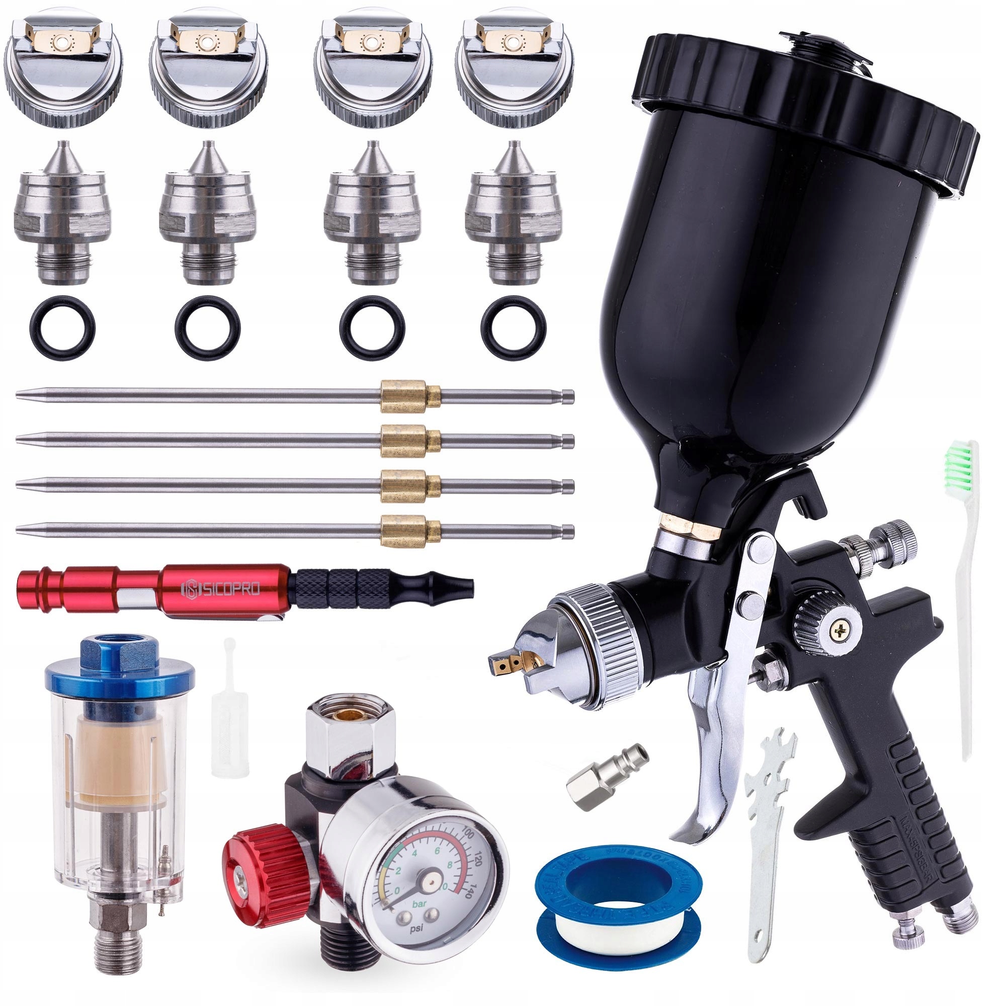 Lakovací Pistole Hvlp 4X Trysky 1.4 1.7 2.0 2.5 Reduktor