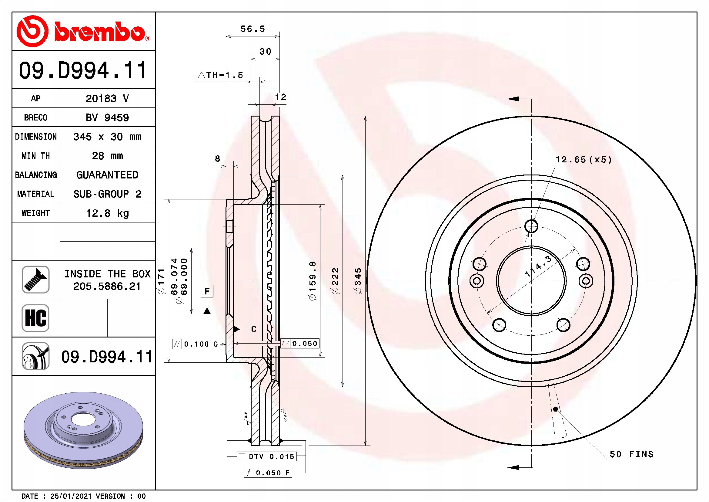 BREMBO 09.D994.11 TARCZA KIA STINGER 17- PRZÓD Strona zabudowy przód