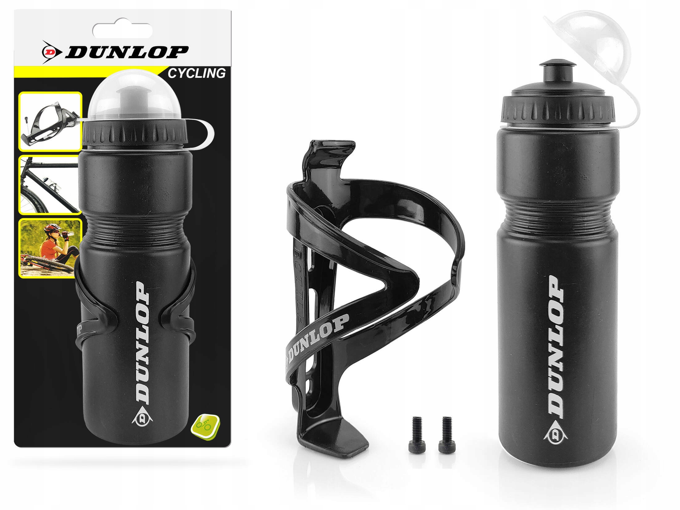 Bidon rowerowy Dunlop 750 ml z klapką koszyczek i śrubki Czarny