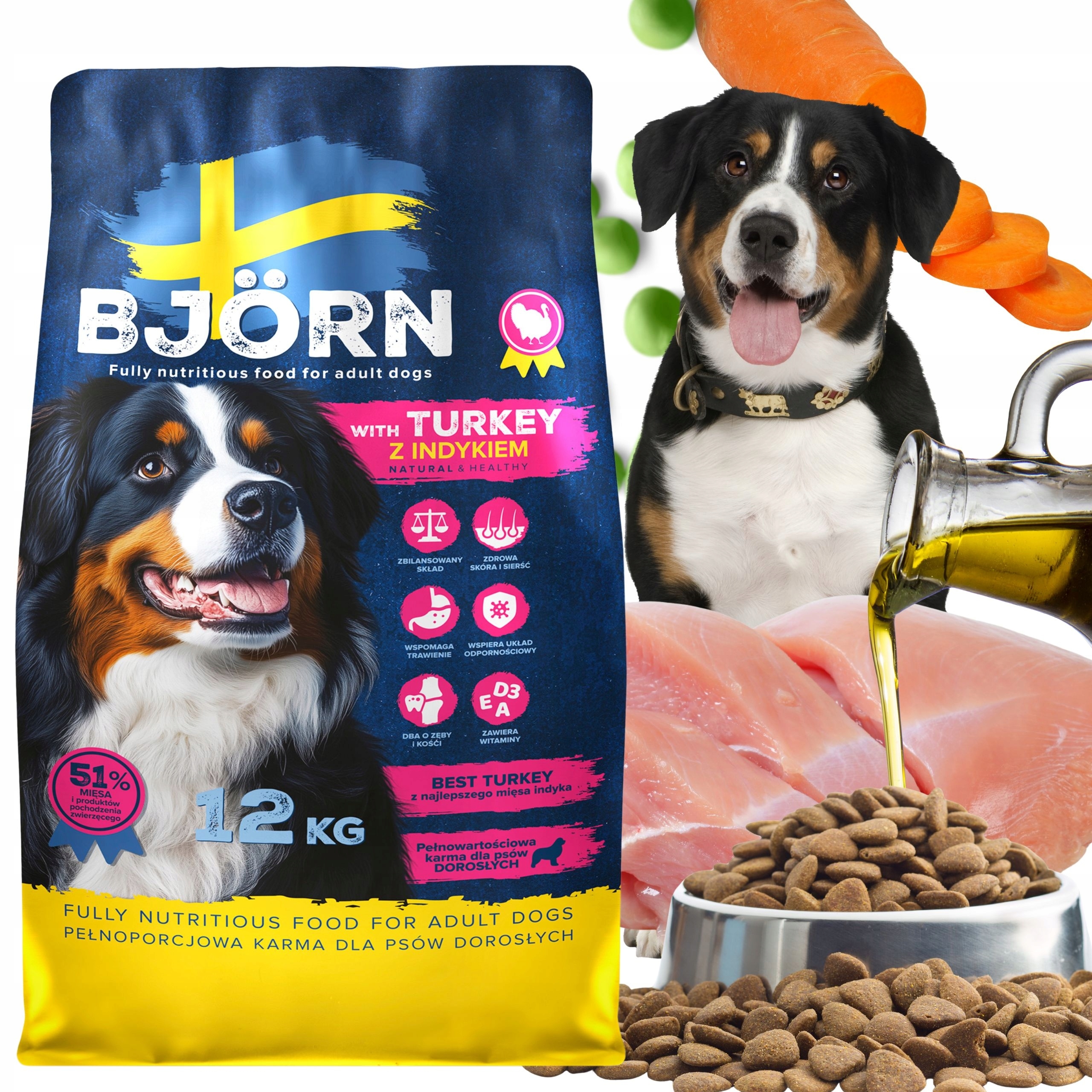 Levně Suché Krmivo Krmivo Pro Psa Bjorn dog Adult S Krocanem 51 % Masa Bez Kuřete 12 Kg
