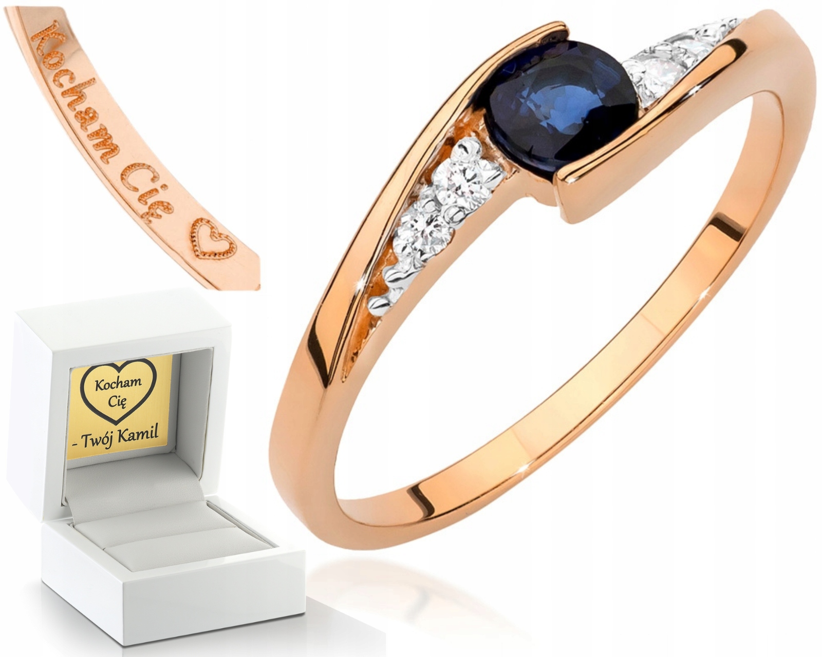 Prstýnek V Růžovém Zlatě Safír Briliant Gravírování