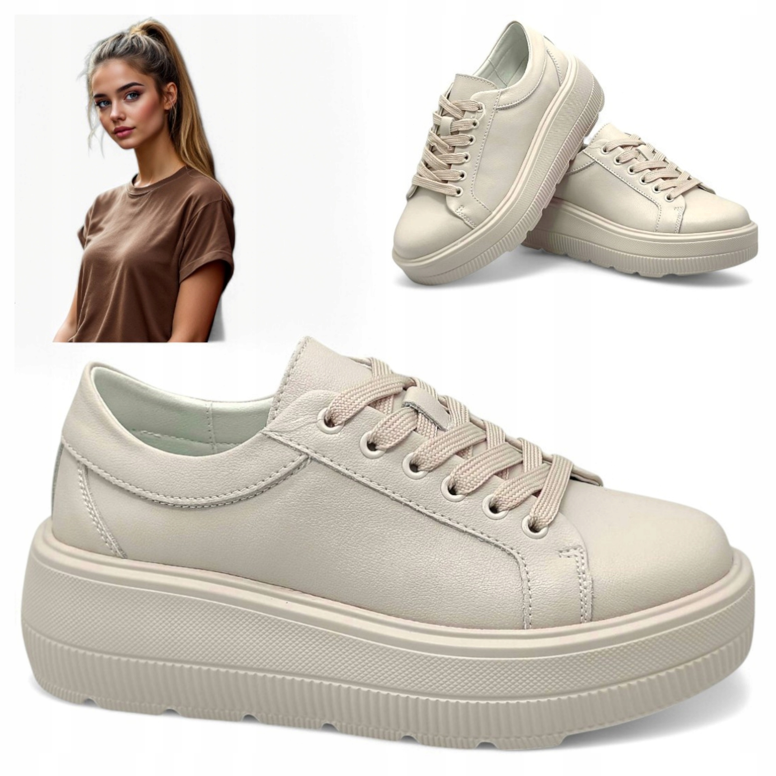 Dámské kožené tenisky 40 Béžové Polobotky Pohodlné Platforma Evento