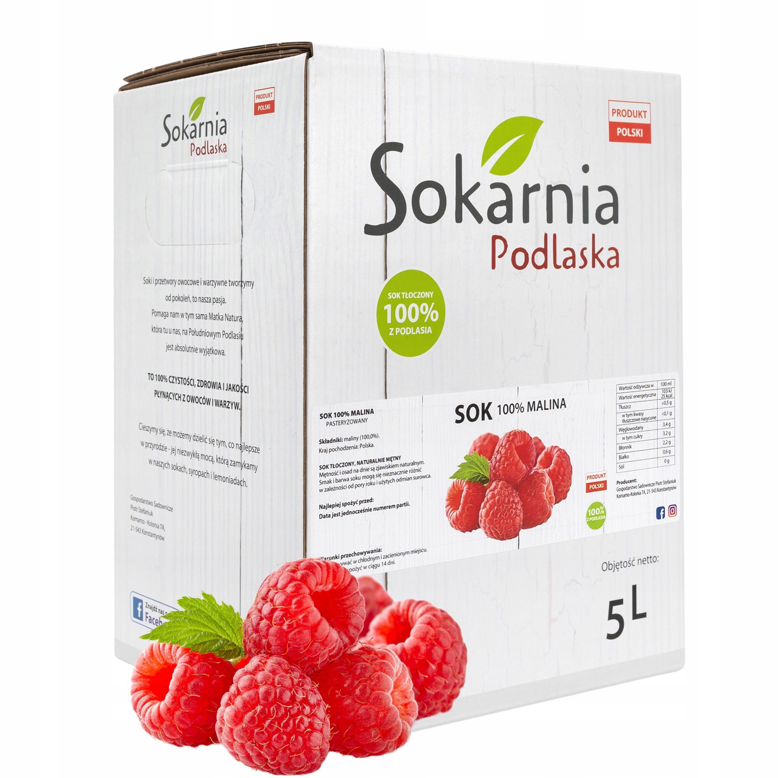 Sok Malinowy 5l 100% Nfc Przepyszny Smak Polskich Malin Dobrych z Natury