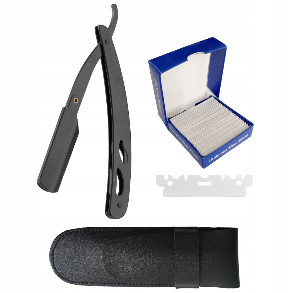 ZESTAW DO GOLENIA BRZYTWA METALOWA FRYZJERSKA JACK + 100 ŻYLETEK + ETUI