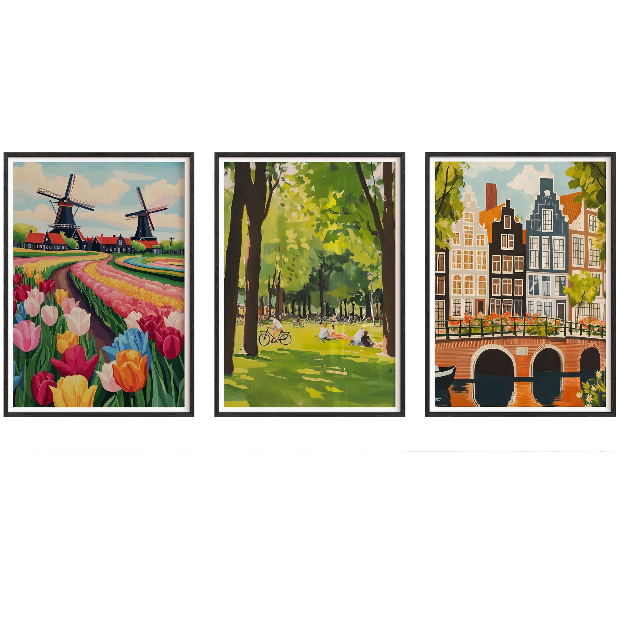 Obrazy Amsterdam Větrné mlýny Plakáty Rámečky Dřevěné Černé 3ks 30x42 cm