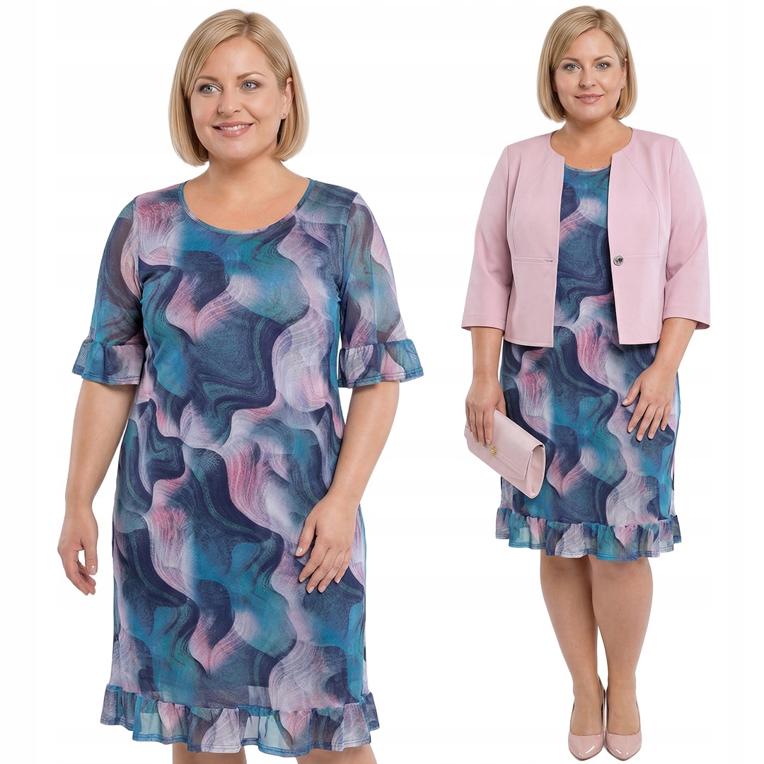 Šaty růžovo-modré vzory plus size velikost 58