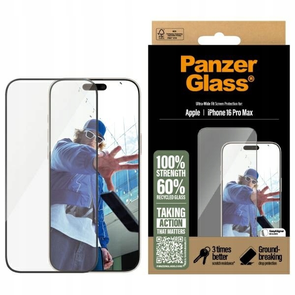 Sklo Panzerglass pro iPhone 16 Pro Max, tvrzené, 9H, silné na přední obrazovku