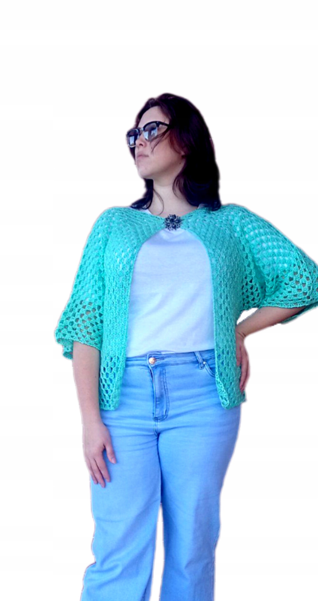 RK/HN18 Dámský Ažurový Svetr, Ručně Háčkovaný, Zelená Barva