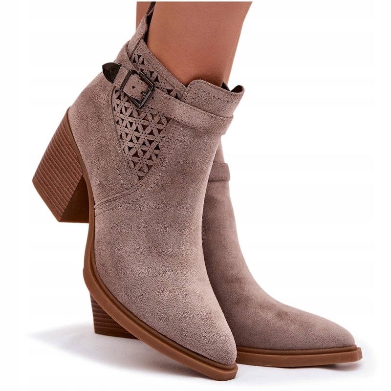 Kotníkové Boty Ažurový Vzor Podpatku Sloupek Pásek Zlatá Spona Zámek Tmavě Béžová 37