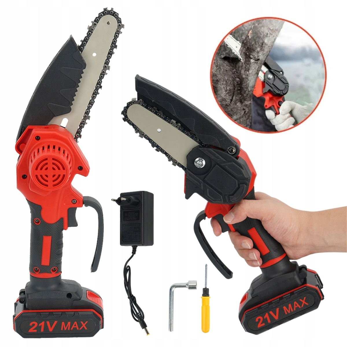 21V Mini Elektrická Řetězová Pila Se 2 Řetězy A Pojistkou