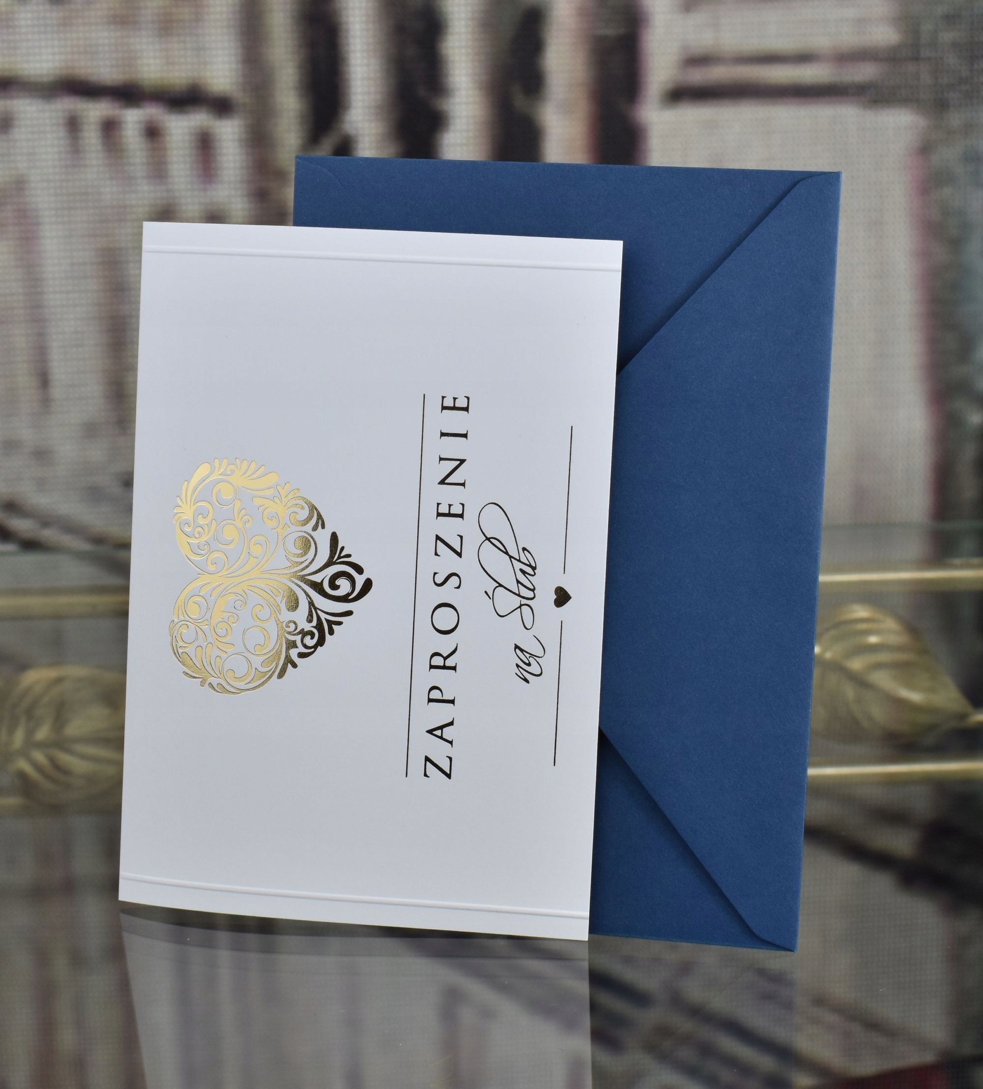 ZŁOTE ZAPROSZENIA ŚLUBNE z KOLOROWYMI KOPERTAMI Liczba sztuk 1 szt.