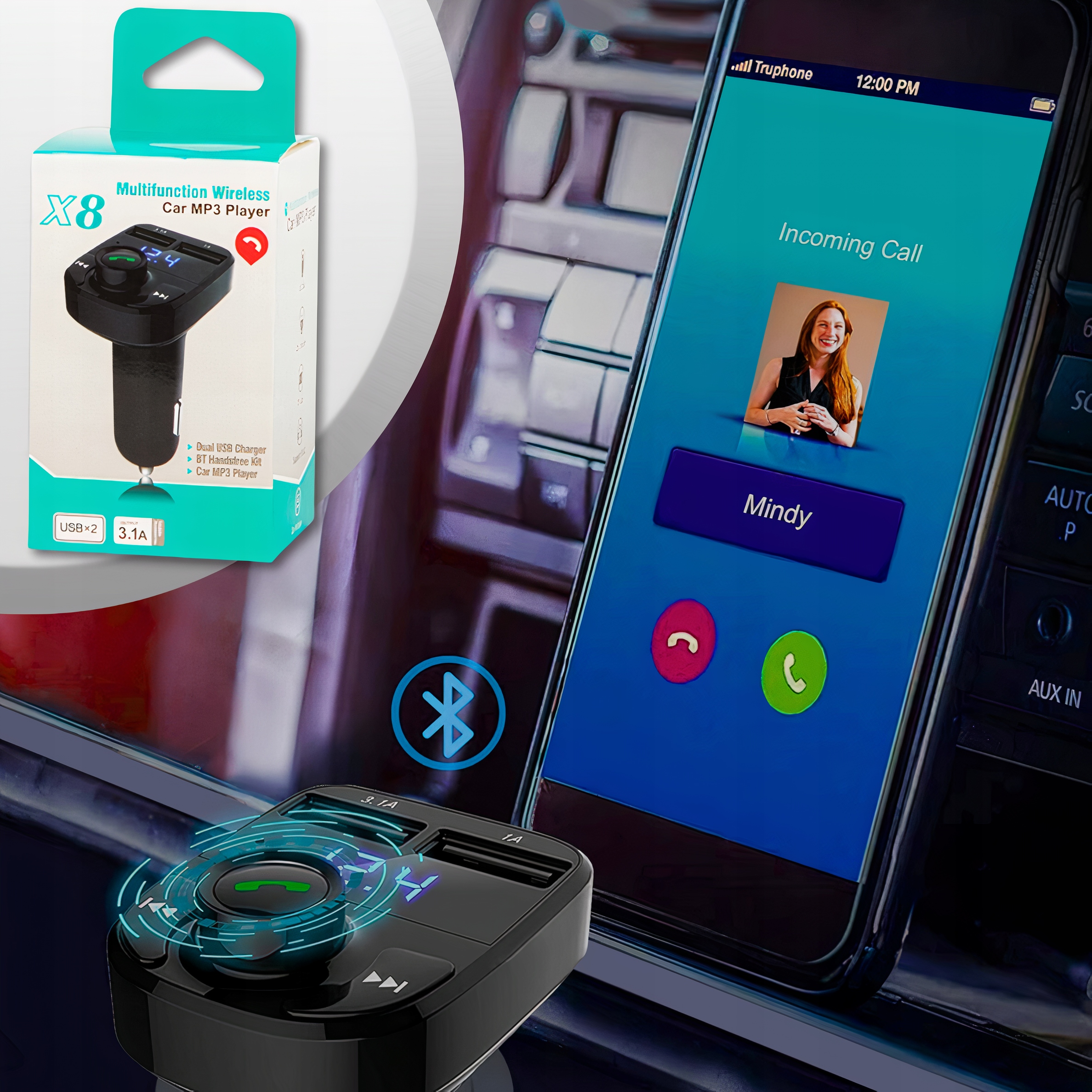 TRANSMITER FM SZYBKA ŁADOWARKA BLUETOOTH AUDIO MP3 BT 3X USB RGB Cechy dodatkowe wbudowany mikrofon