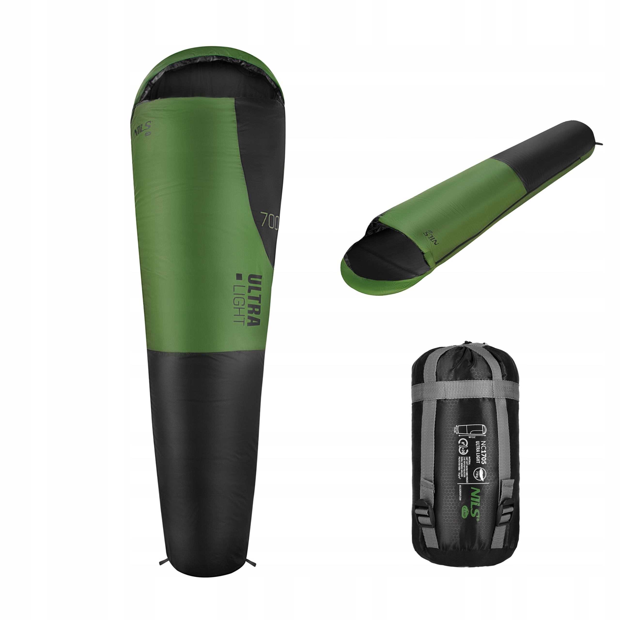 Spací pytel na léto, jaro, ultralehký, kompaktní, 710 g, černo zelený Nils Camp