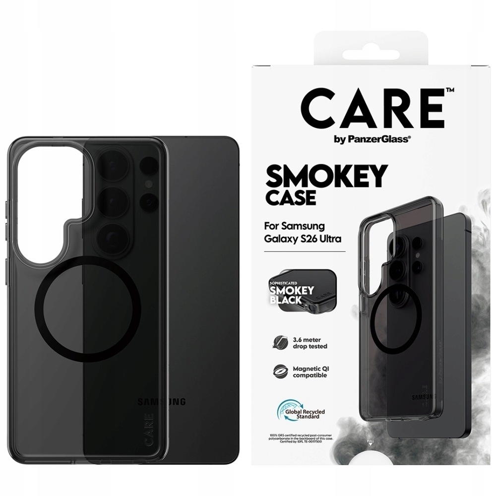 Pouzdro Care by PanzerGlass Urban Explorer, barva Smokey (kouřová) s černým rámečkem a podporou bezdrátového nabíjení Qi pro Samsung