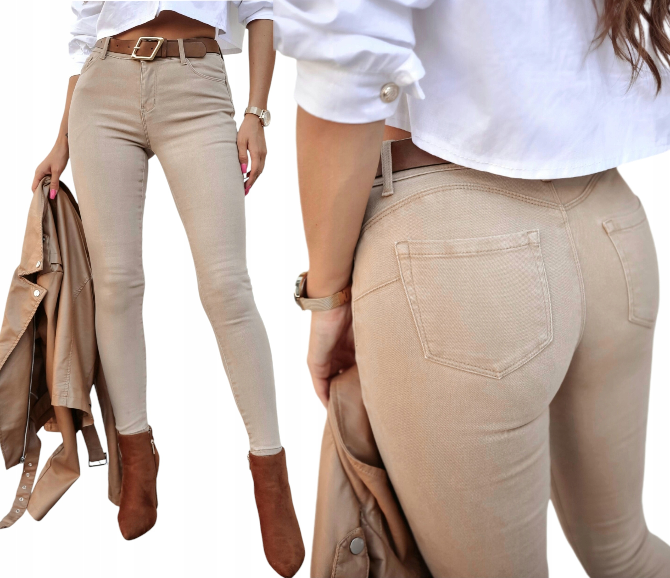 Kalhoty s páskem M.sara dámské Džíny Úzké Nohavice béžové vel. XL 42 Push Up