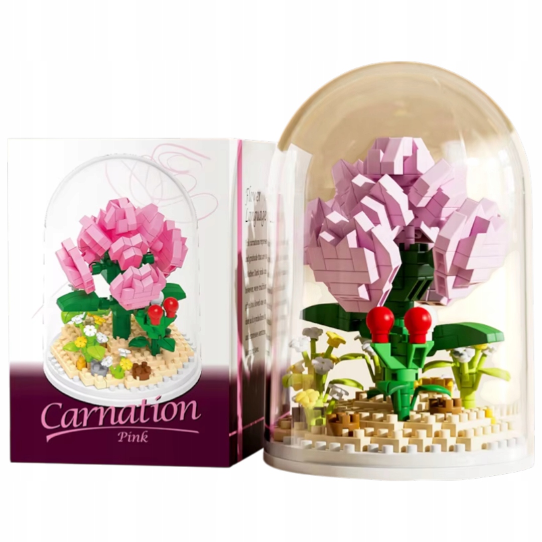 Zestaw klocków 3D Kwiat Goździk Carnation Pink w szklanej kopule 288el.