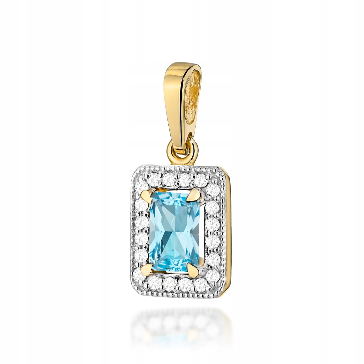 Zlatý přívěsek 585 obdélníková markýza 1.1g modrý topaz brilianty 14k