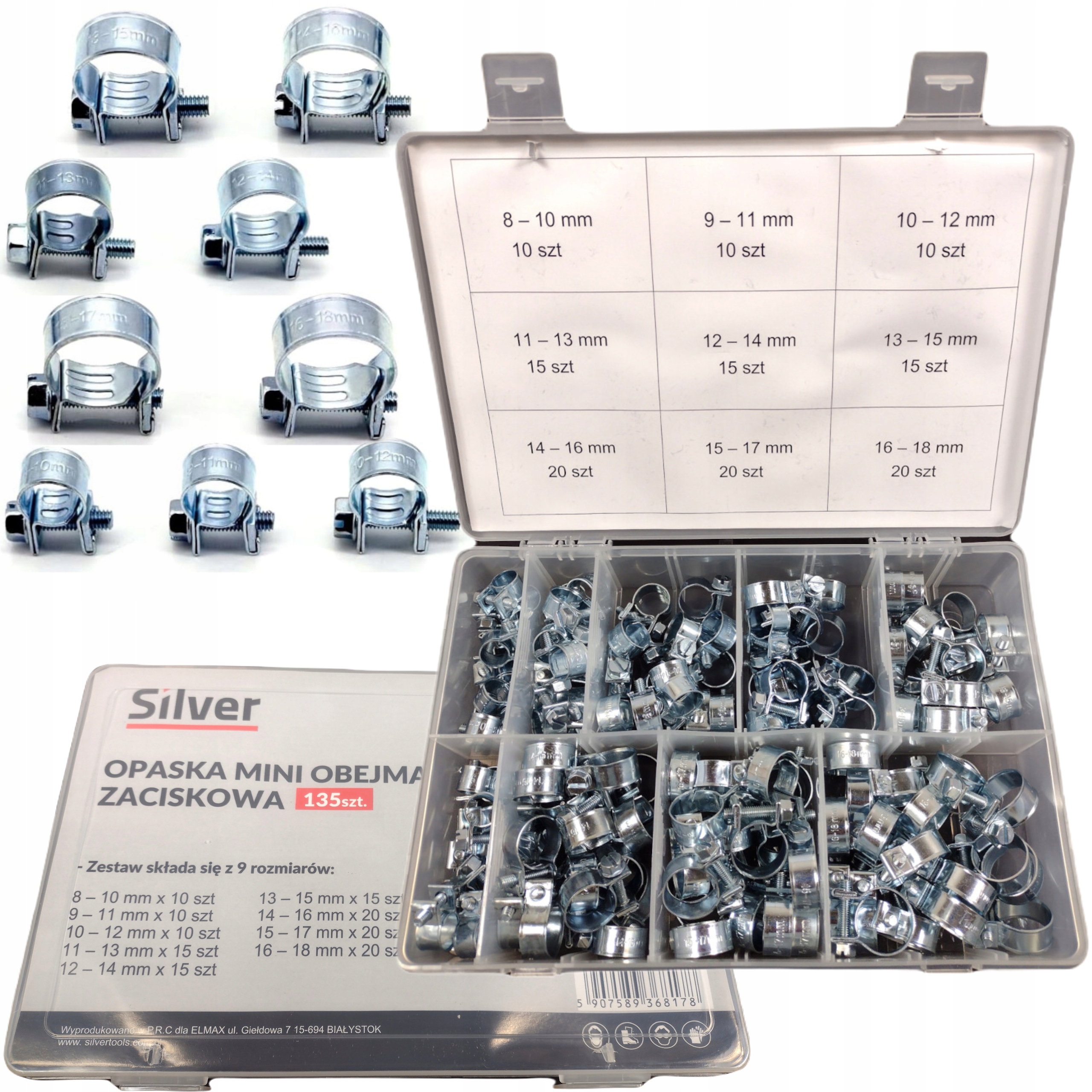 Opaski Zaciskowe Obejmy Stalowe Zestaw 135 szt Organizer SilverTools