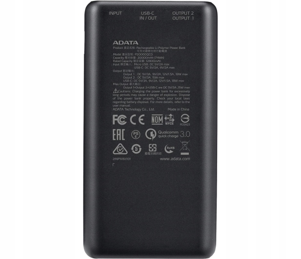Mocny Powerbank ADATA 20000mAh USB-C czarny Quick Charge 3,0 Marka ADATA