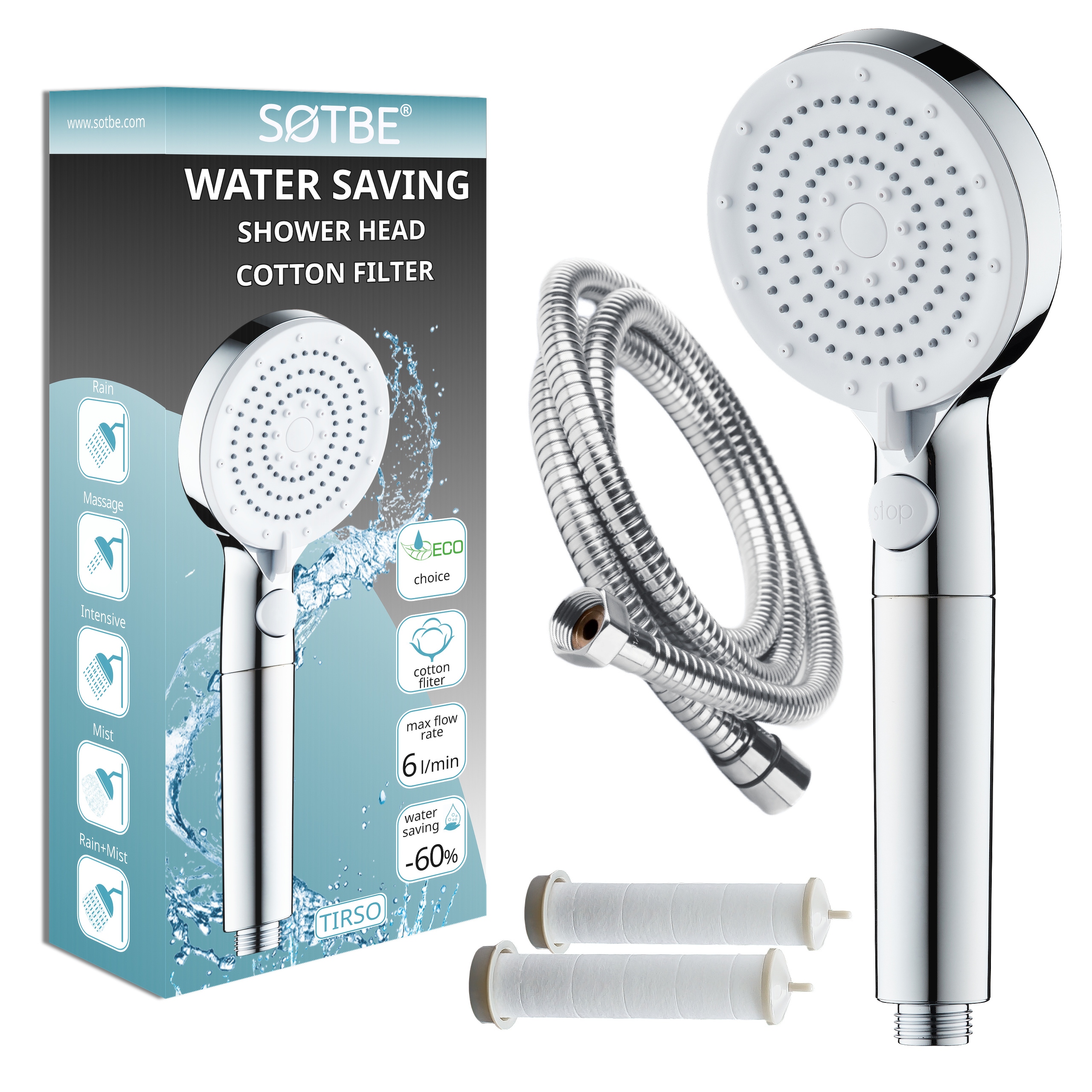 Sprchový set Eco sprchová hlavice s bavlněným filtrem Hadice pletená 150 cm