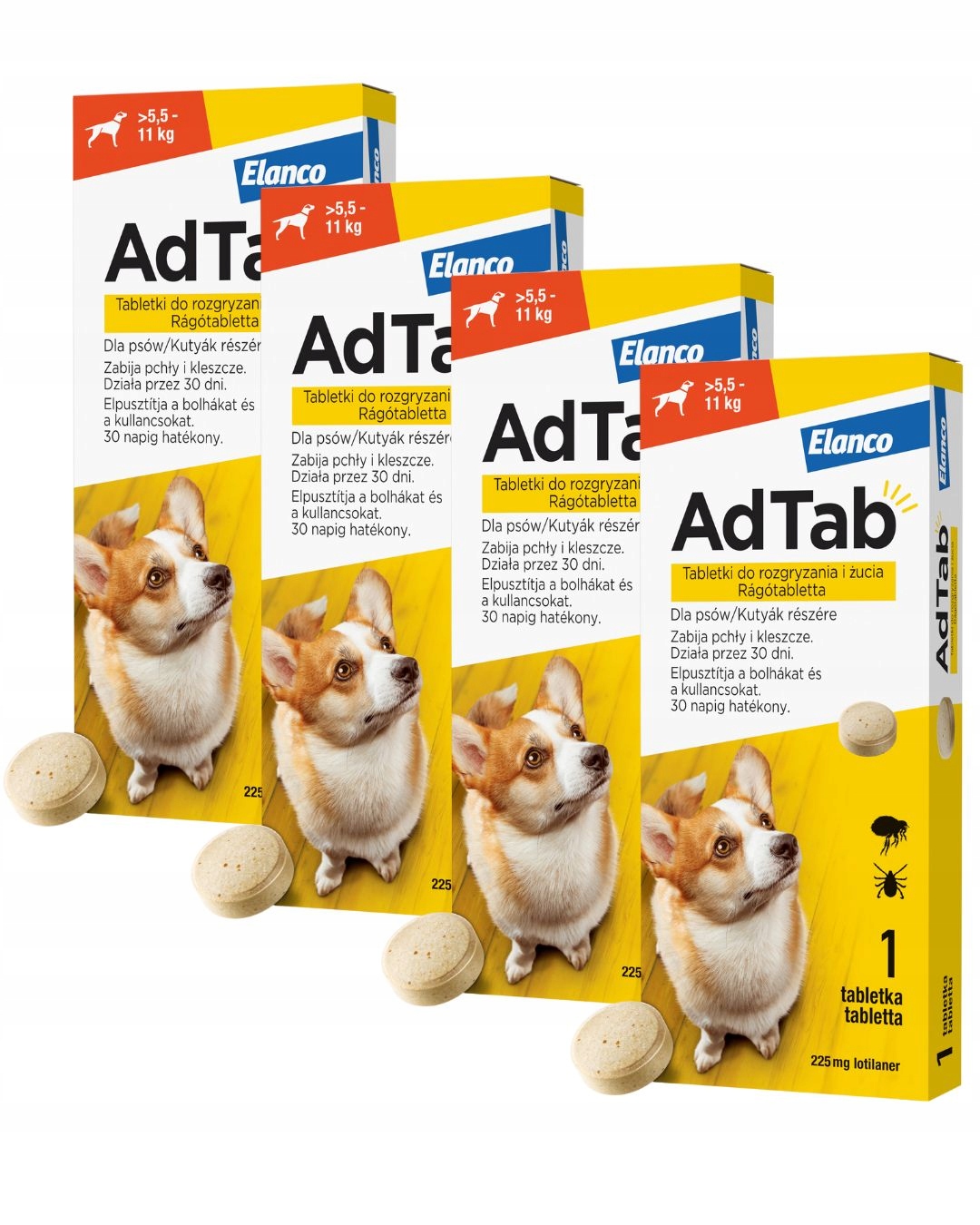 Adtab Dog tabletka na pchły i kleszcze dla psa 5,5-11 kg 225 mg 4x1 tab.