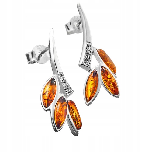 Stříbrné Náušnice s přírodními originálními lístky baltský jantar Stříbro 925